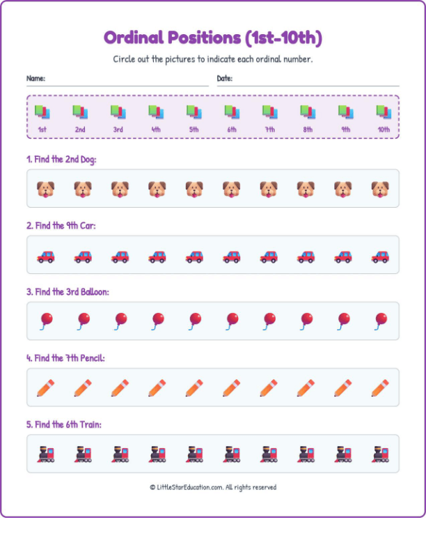 Ordinal Positions Workbook with Answers: (1st-10th)