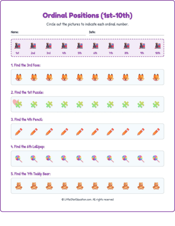 Ordinal Positions Workbook with Answers: (1st-10th)