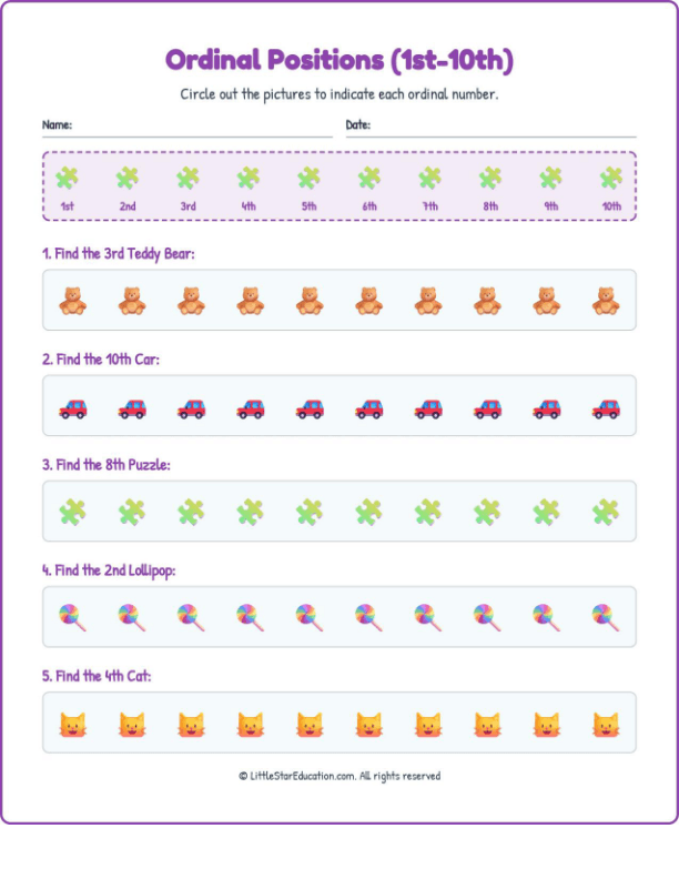 Ordinal Positions Workbook with Answers: (1st-10th)