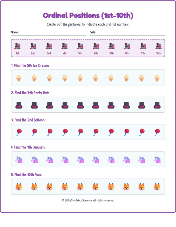 Ordinal Positions Workbook with Answers: (1st-10th)