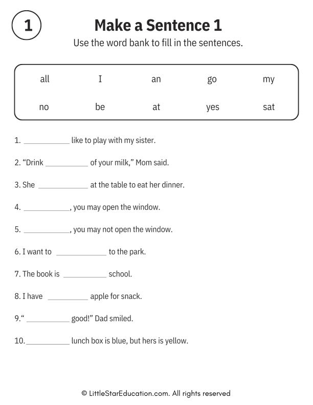 Sentence Building Word Bank Practice for Early Readers ELA