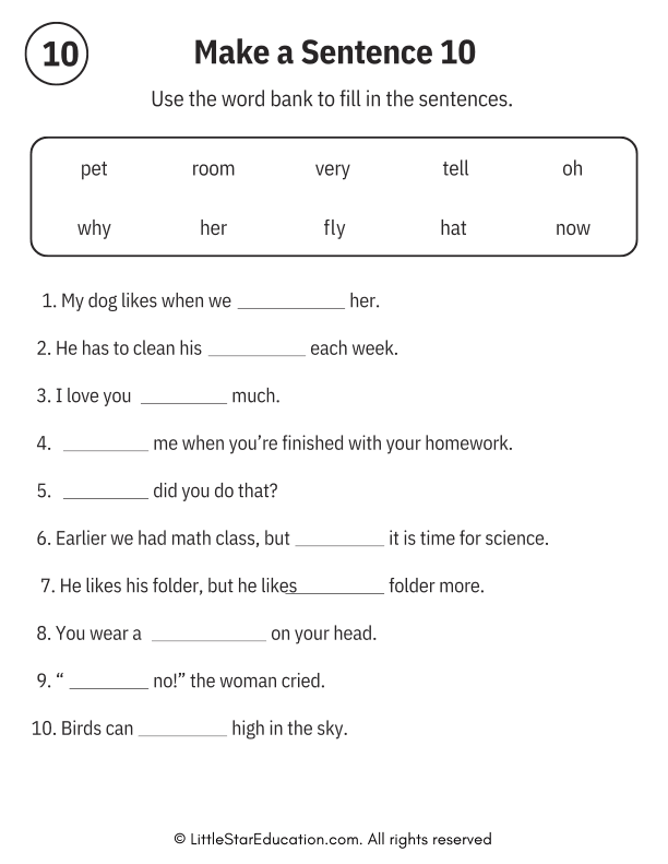Sentence Building Word Bank Practice for Early Readers ELA
