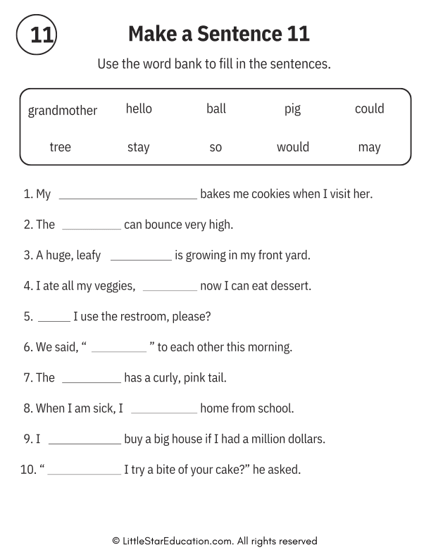 Sentence Building Word Bank Practice for Early Readers ELA
