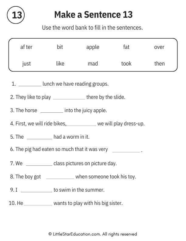 Sentence Building Word Bank Practice for Early Readers ELA