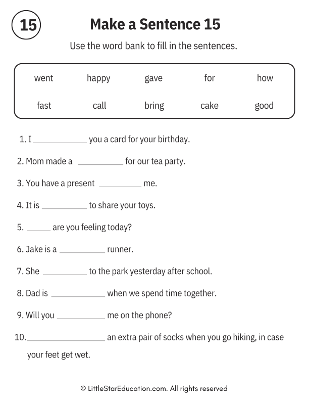 Sentence Building Word Bank Practice for Early Readers ELA