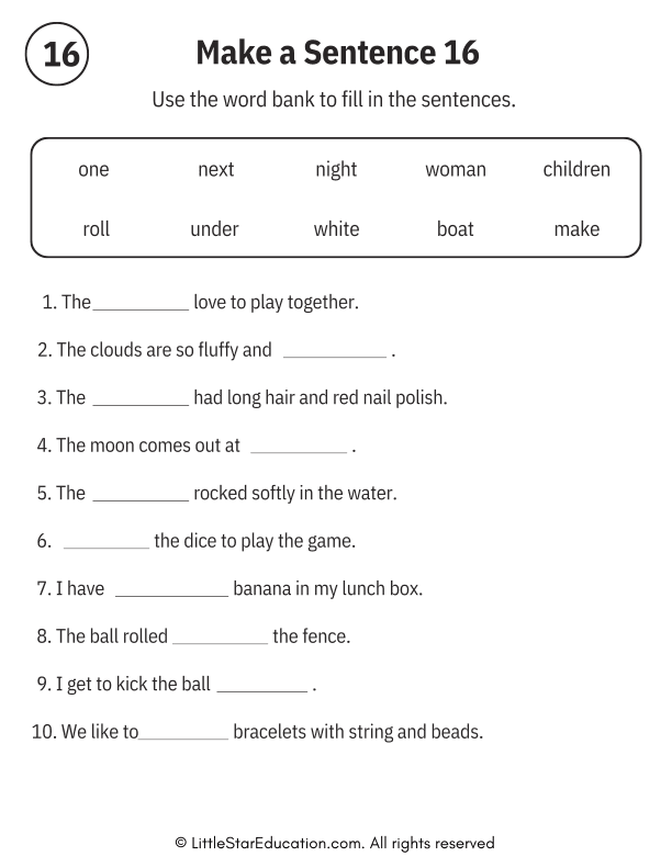 Sentence Building Word Bank Practice for Early Readers ELA