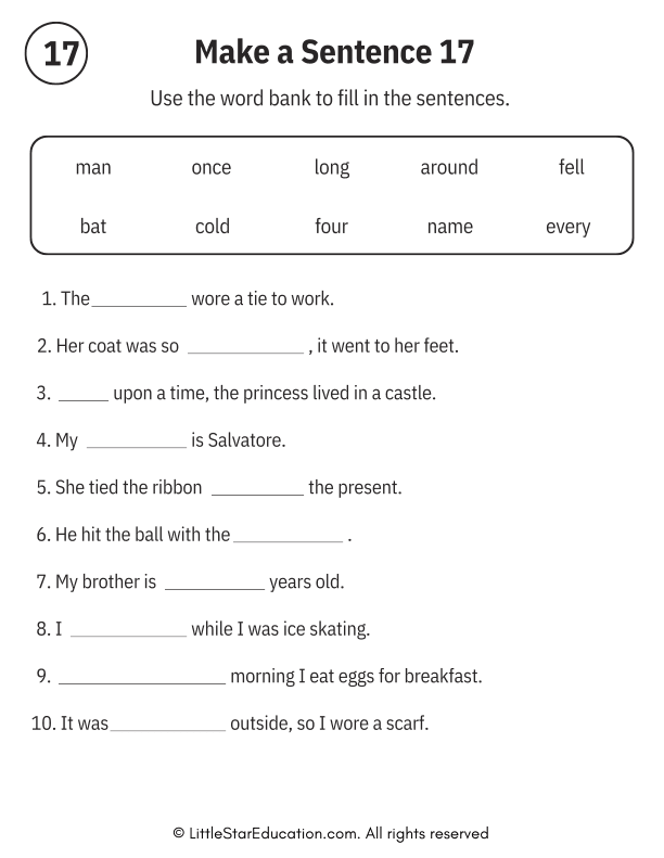Sentence Building Word Bank Practice for Early Readers ELA