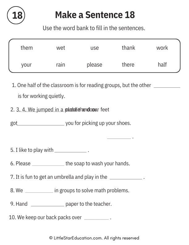 Sentence Building Word Bank Practice for Early Readers ELA