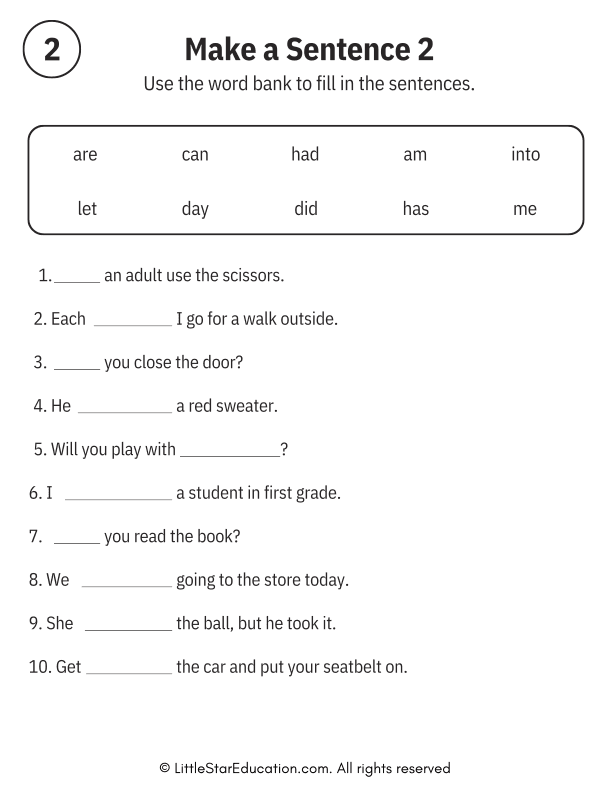 Sentence Building Word Bank Practice for Early Readers ELA