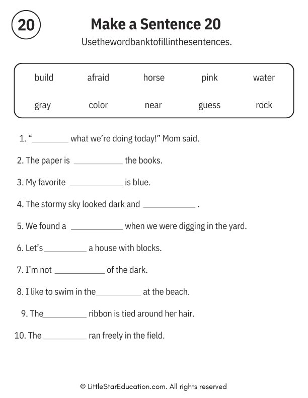 Sentence Building Word Bank Practice for Early Readers ELA