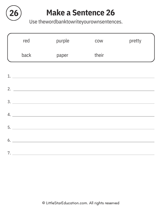 Sentence Building Word Bank Practice for Early Readers ELA