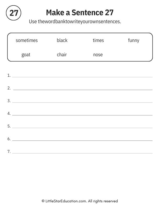 Sentence Building Word Bank Practice for Early Readers ELA