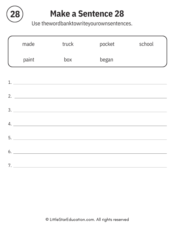 Sentence Building Word Bank Practice for Early Readers ELA