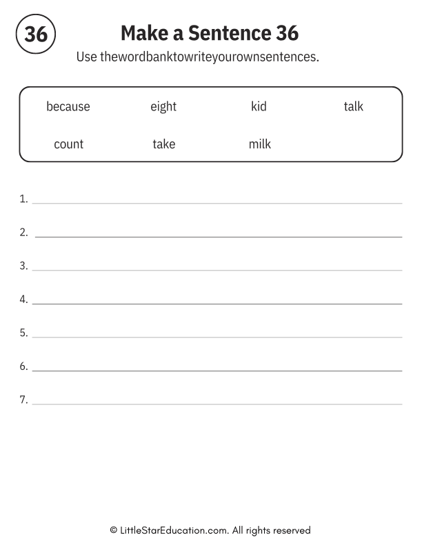 Sentence Building Word Bank Practice for Early Readers ELA