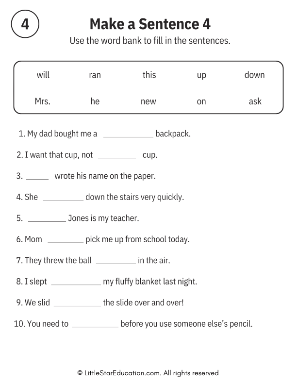 Sentence Building Word Bank Practice for Early Readers ELA