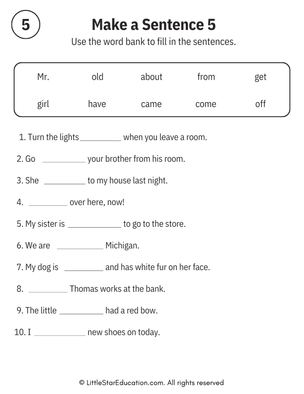 Sentence Building Word Bank Practice for Early Readers ELA