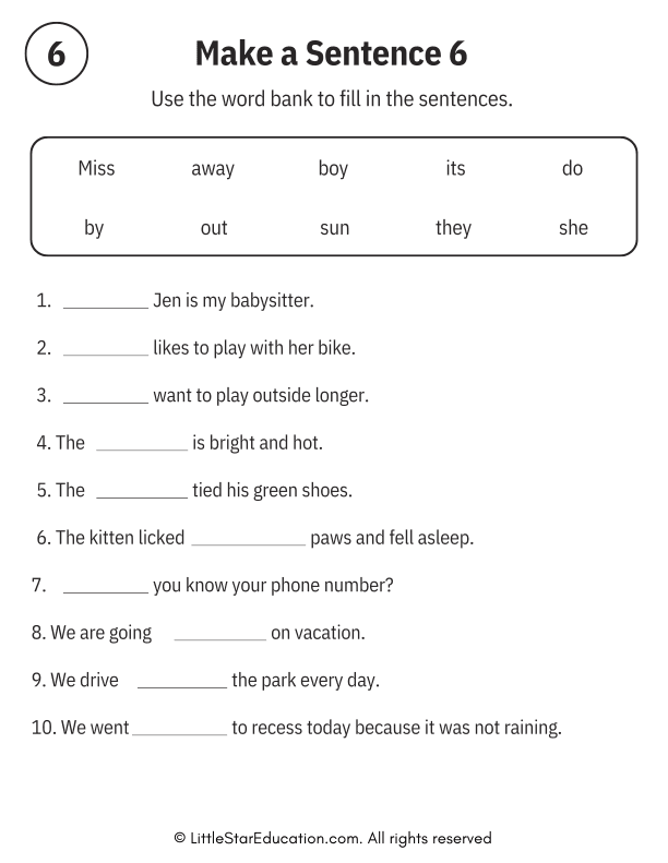 Sentence Building Word Bank Practice for Early Readers ELA