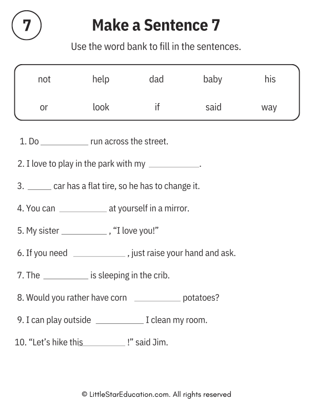 Sentence Building Word Bank Practice for Early Readers ELA