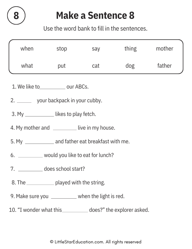 Sentence Building Word Bank Practice for Early Readers ELA