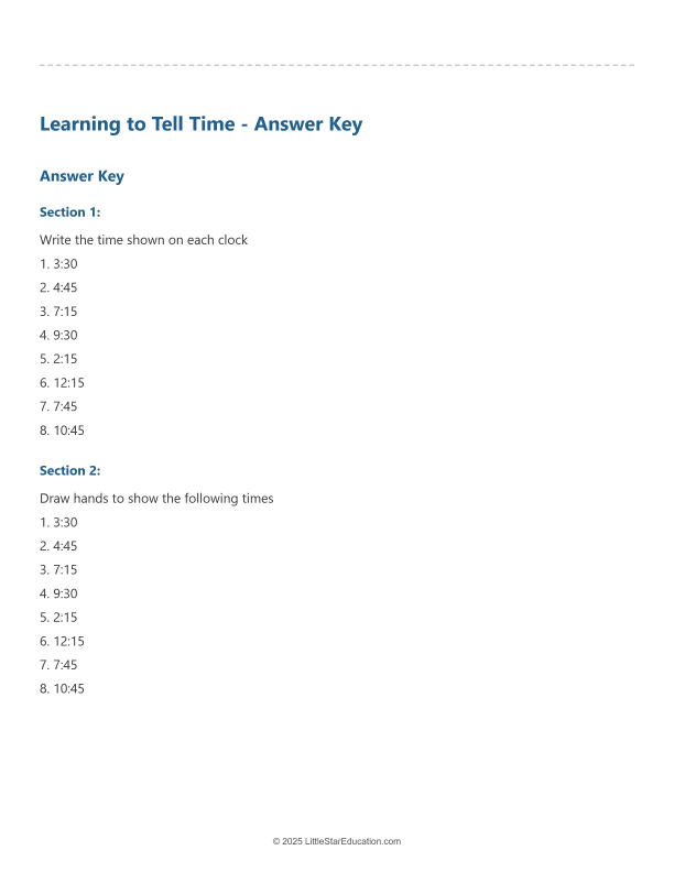 Time Telling Worksheet Learning to Tell Time