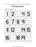 Writing Missing Numbers: 1-20 Math Worksheet for Kids thumbnail 1