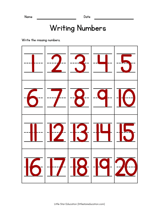 Writing Missing Numbers: 1-20 Math Worksheet for Kids