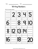 Writing Missing Numbers: 1-20 Math Worksheet for Kids thumbnail 2