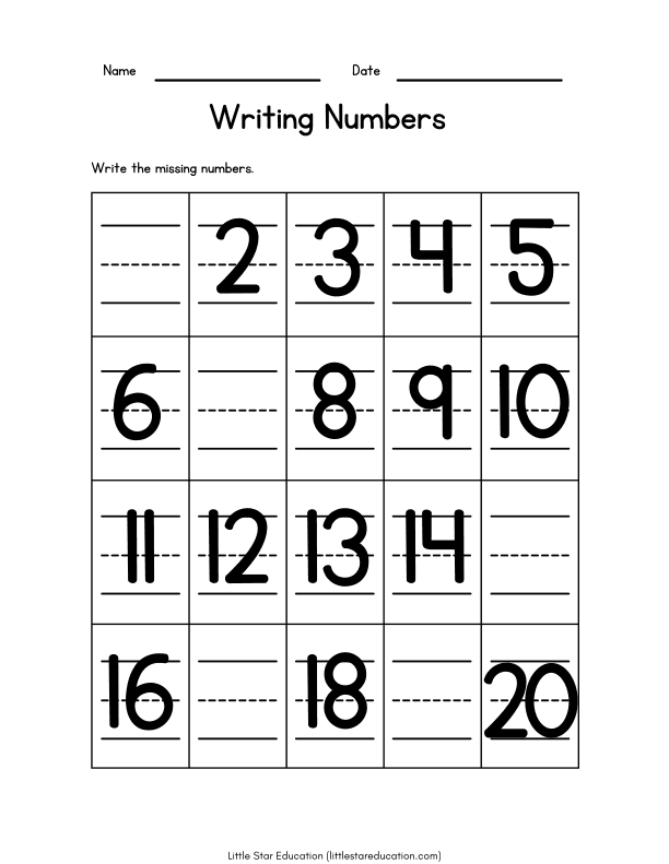 Writing Missing Numbers: 1-20 Math Worksheet for Kids