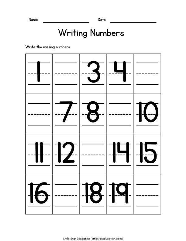 Writing Missing Numbers: 1-20 Math Worksheet for Kids