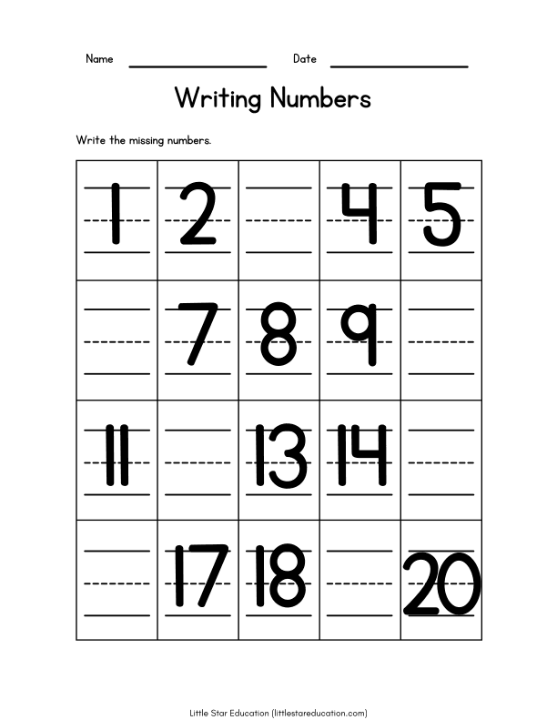 Writing Missing Numbers: 1-20 Math Worksheet for Kids