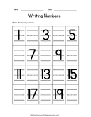 Writing Missing Numbers: 1-20 Math Worksheet for Kids thumbnail 7