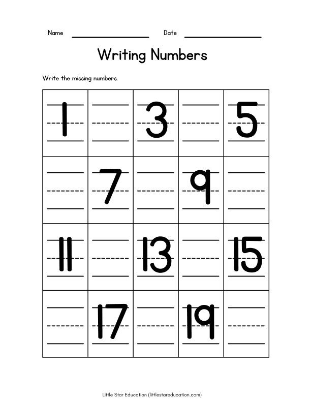 Writing Missing Numbers: 1-20 Math Worksheet for Kids