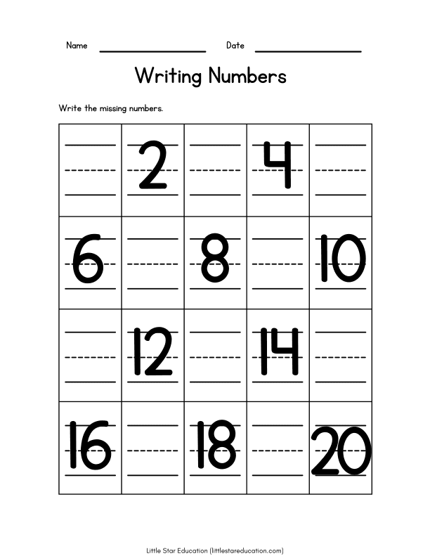 Writing Missing Numbers: 1-20 Math Worksheet for Kids