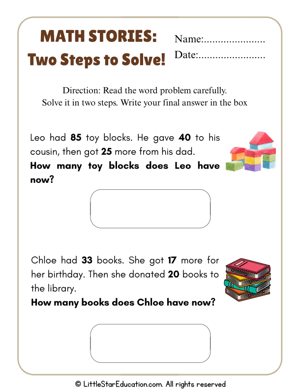 1st & 2nd Grade Two-Step Addition and Subtraction Challenges