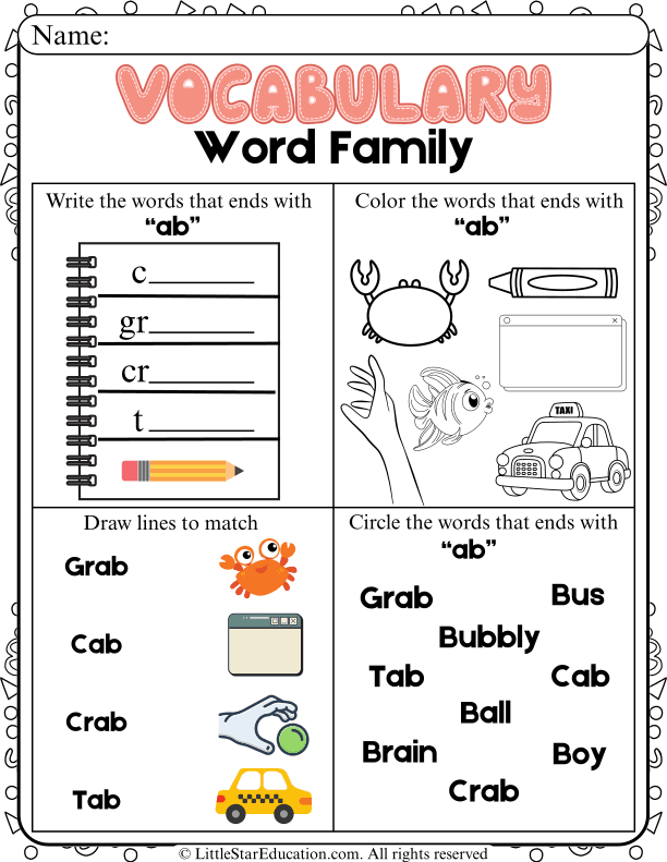 ab Word Family Reading and Writing Practice for Early Learners