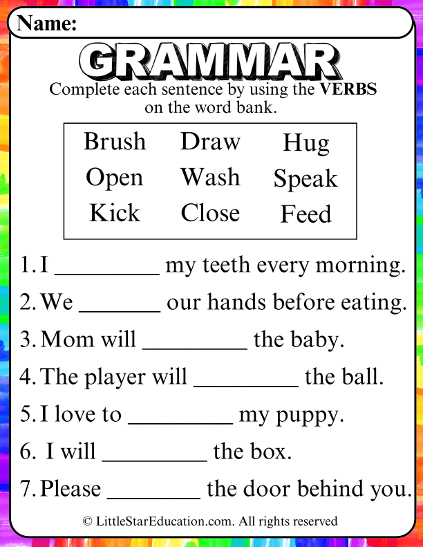 Action Verbs Sentence Completion for Early Readers ELA