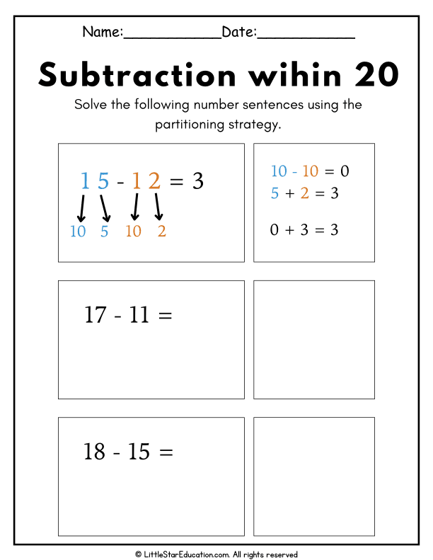 Addition and Subtraction to 20 Using Partitioning for Grade 1 Math