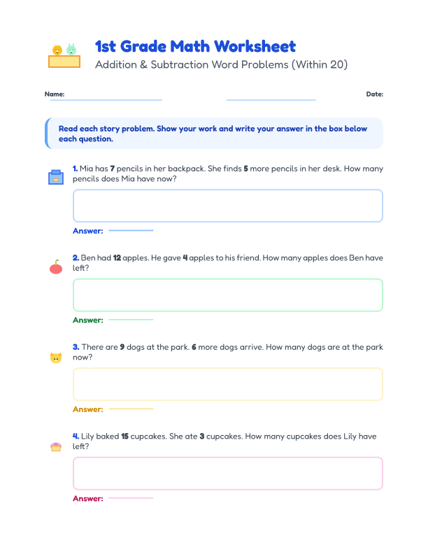 Addition and Subtraction Word Problems for 1st Grade Math