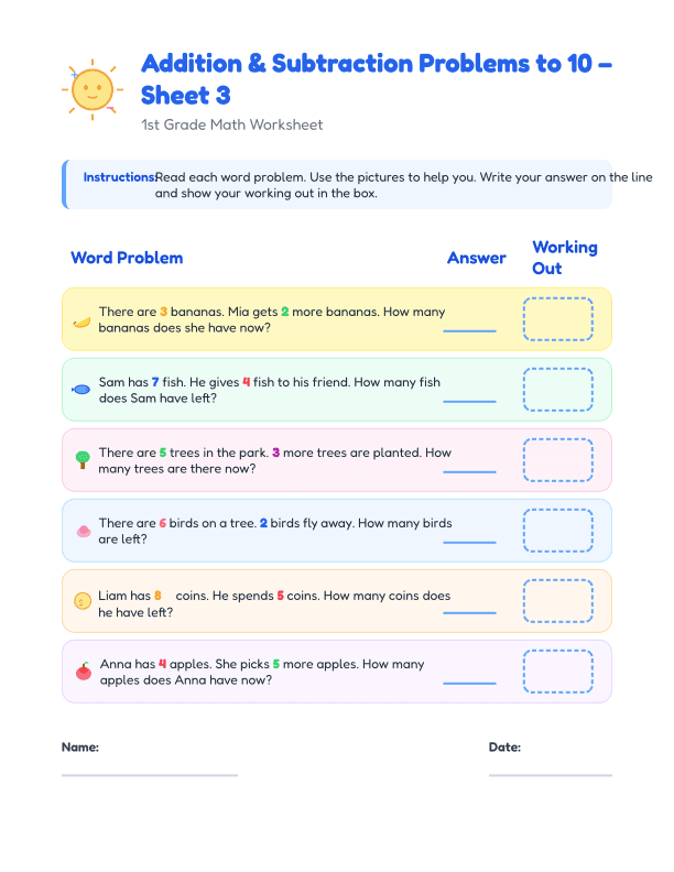 Addition and Subtraction Word Problems to 10 for First Grade Math