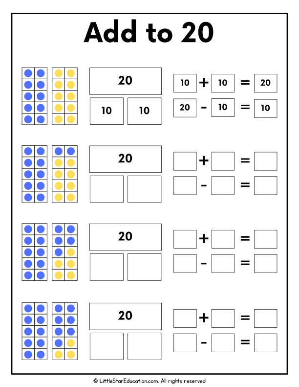 Addition Facts to 20 Practice for First Grade Math Skills