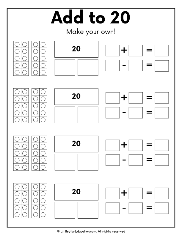 Addition Problems to 20 for First Grade Math Practice