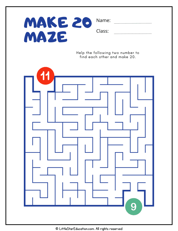 Addition to 20 Maze Game for First Grade Math Practice