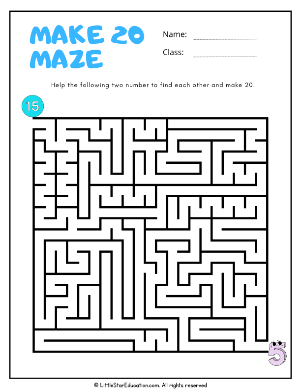 Addition to 20 Maze Game for First Grade Math Skills