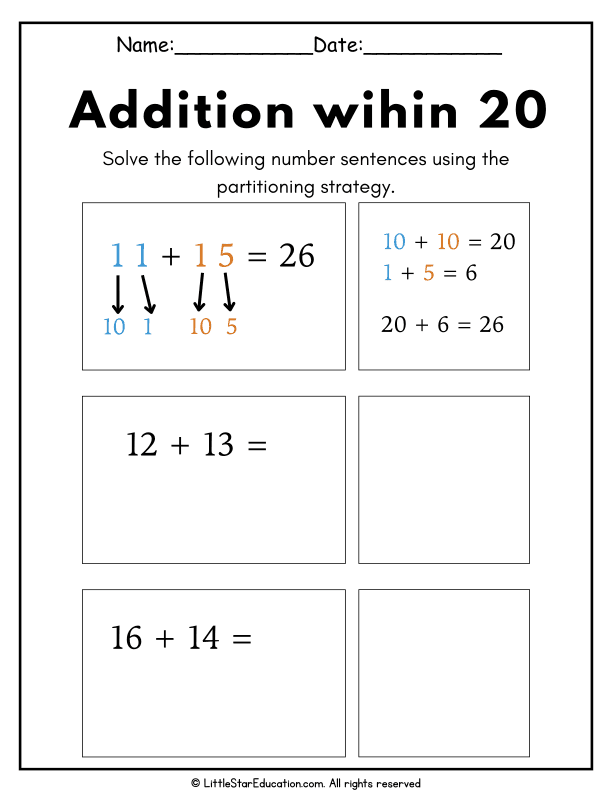 Addition to 20 Using Partitioning Strategy for Early Math
