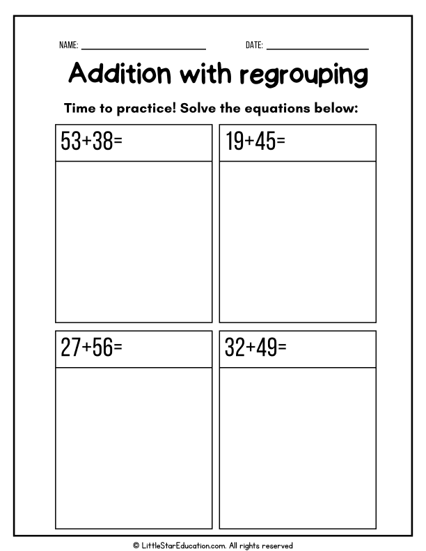 Addition with Regrouping Practice for Early Elementary Math
