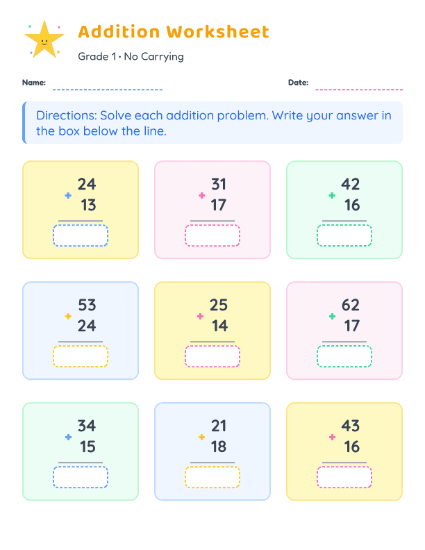 Addition Without Regrouping Practice for First Grade Math