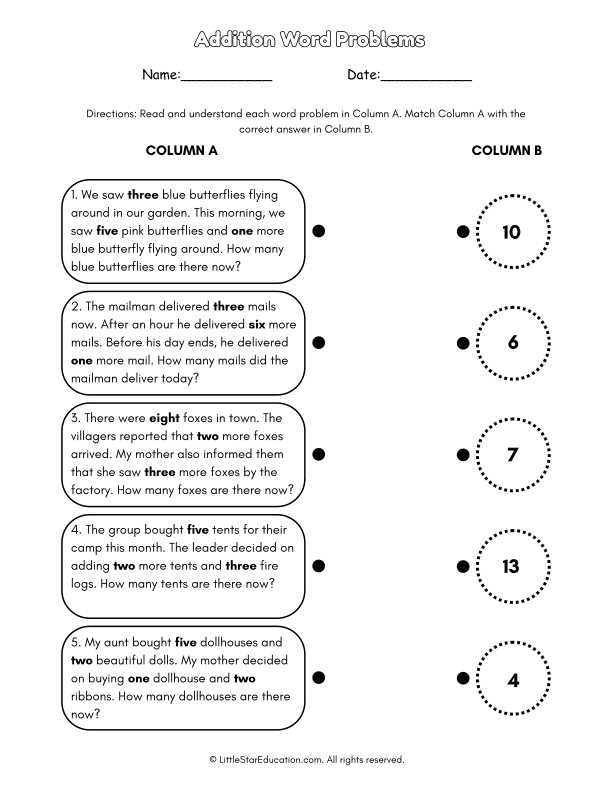 Addition Word Problems for First Grade Math Practice