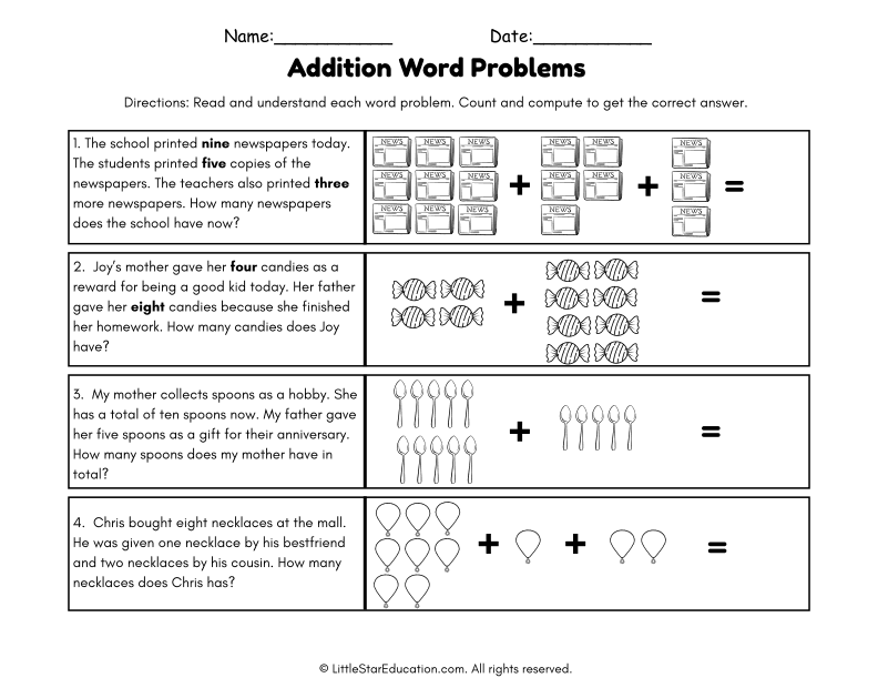 Addition Word Problems with Pictures for First Grade Math