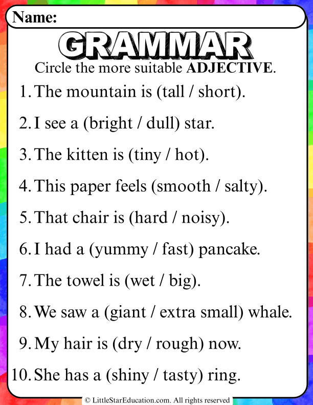 Adjective Choice Practice for Early Elementary English Language Arts