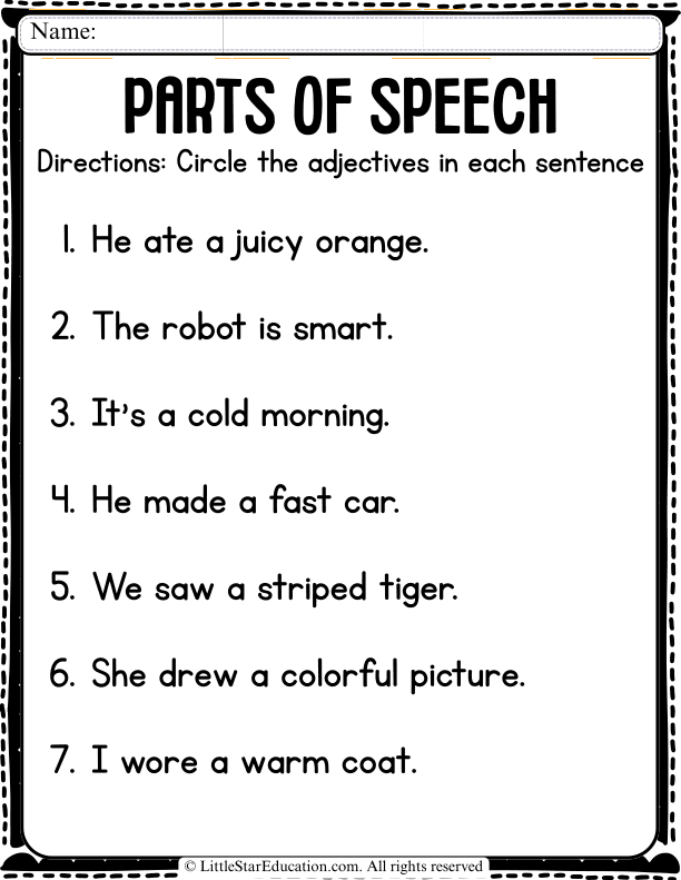 Adjective Identification Practice for Early Elementary ELA